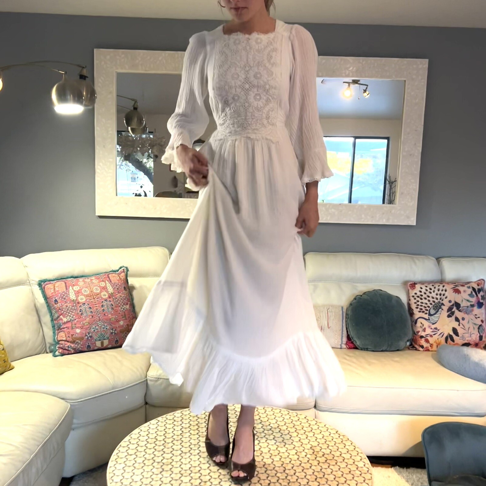 Gunne Sax Cream Gauze & Lace Maxi Dress Cottagecore Prairie Dress Boho Wedding S