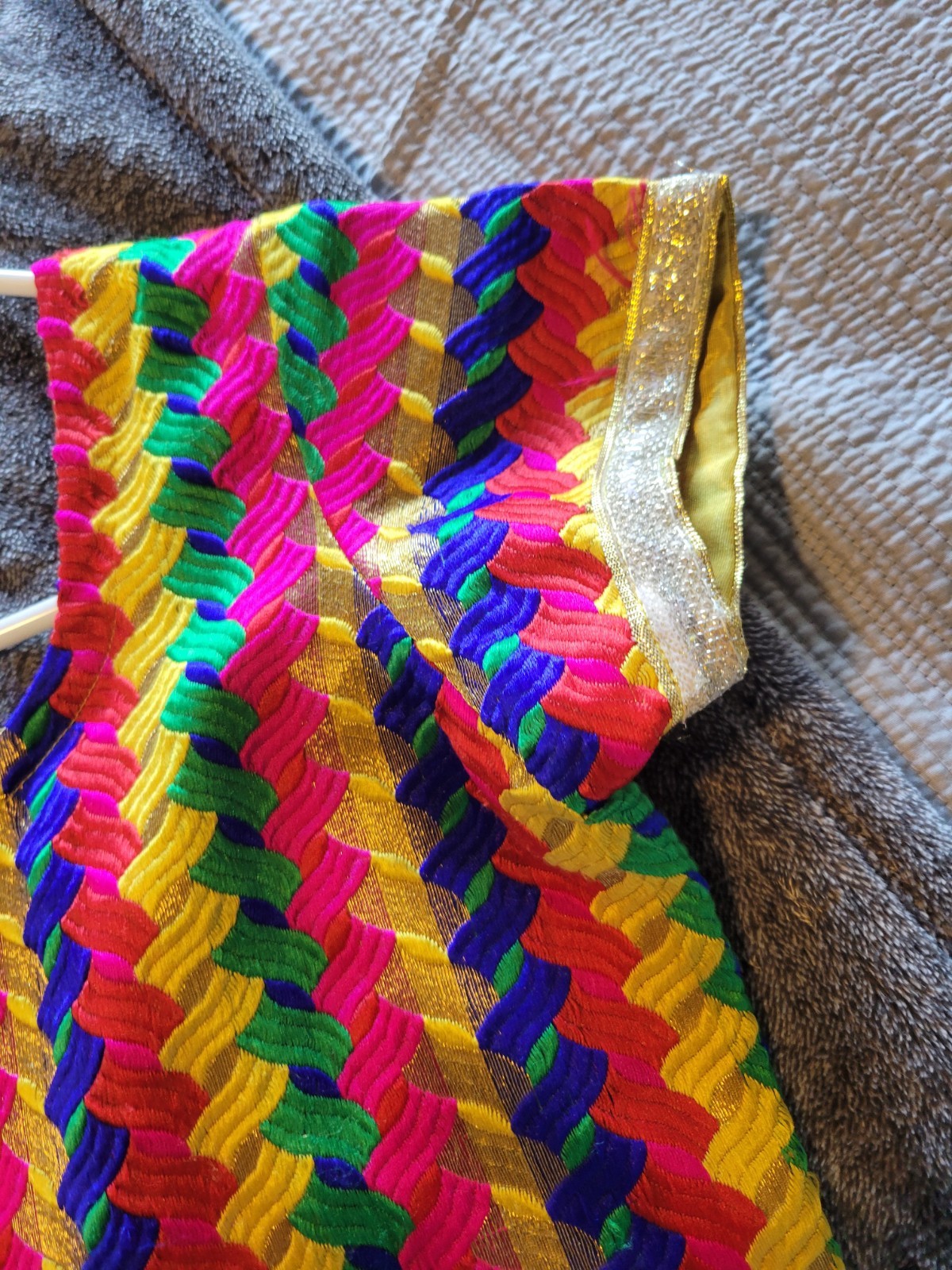 VINTAGE COLORFUL KAFTAN MINI DRESS MULTICOLOR WITH GOLD DETAILS SIZE M