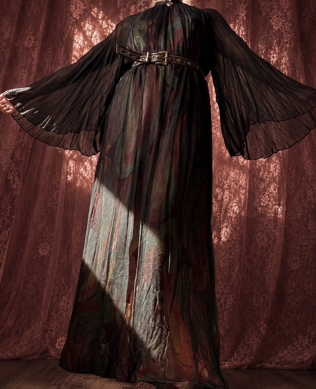 1960s ILGWU black silk bell sleeve volcano gown