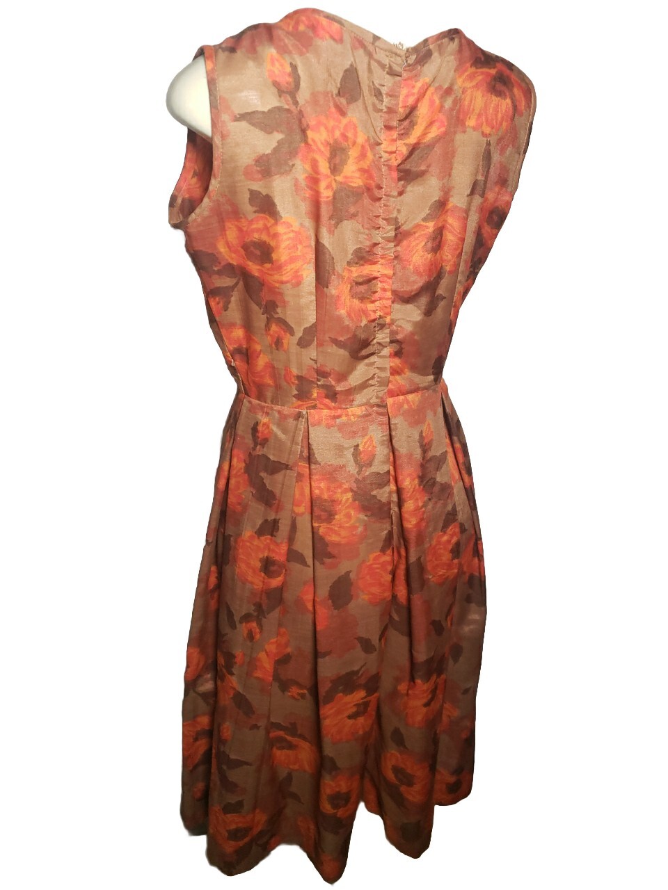 Vintage Lora Lenox Floral Sheath Dress Sleeveless Brown Orange Medium Unlined