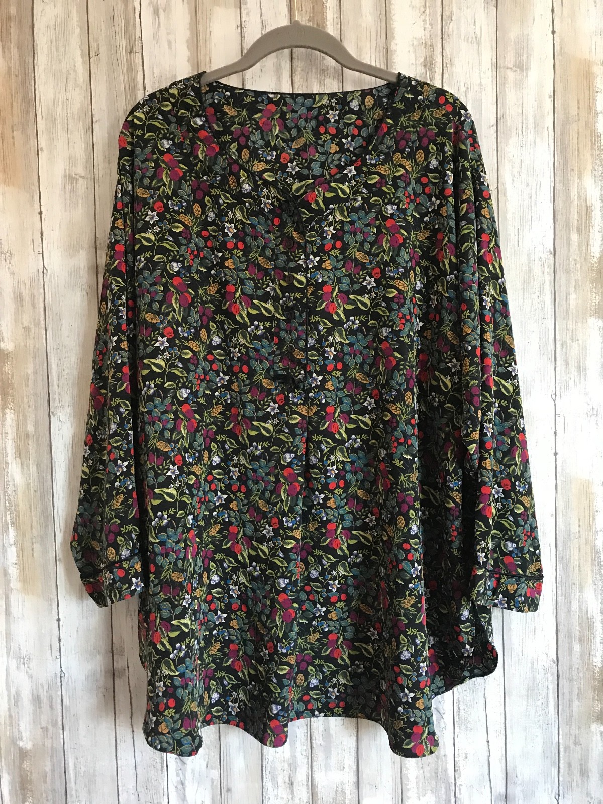 VINTAGE Floral Berry 1/4 Button Down Top Tunic Flowy M L XL