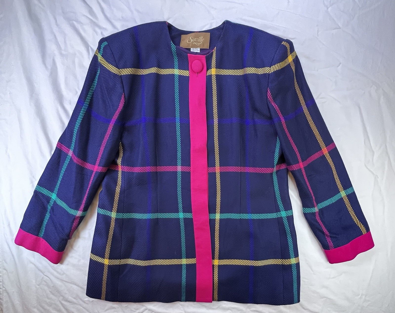 Vintage 80’s Saville Lined Jacket Blazer Tartan Plaid Blue Pink Sz 12 Large