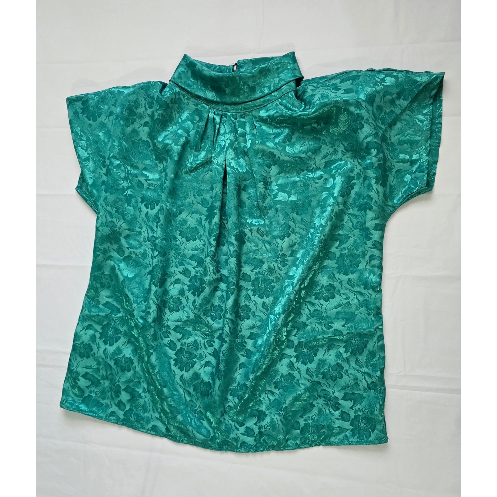Cindy Collins Vintage Emerald Green Floral Jacquard Mock Neck Blouse Large USA