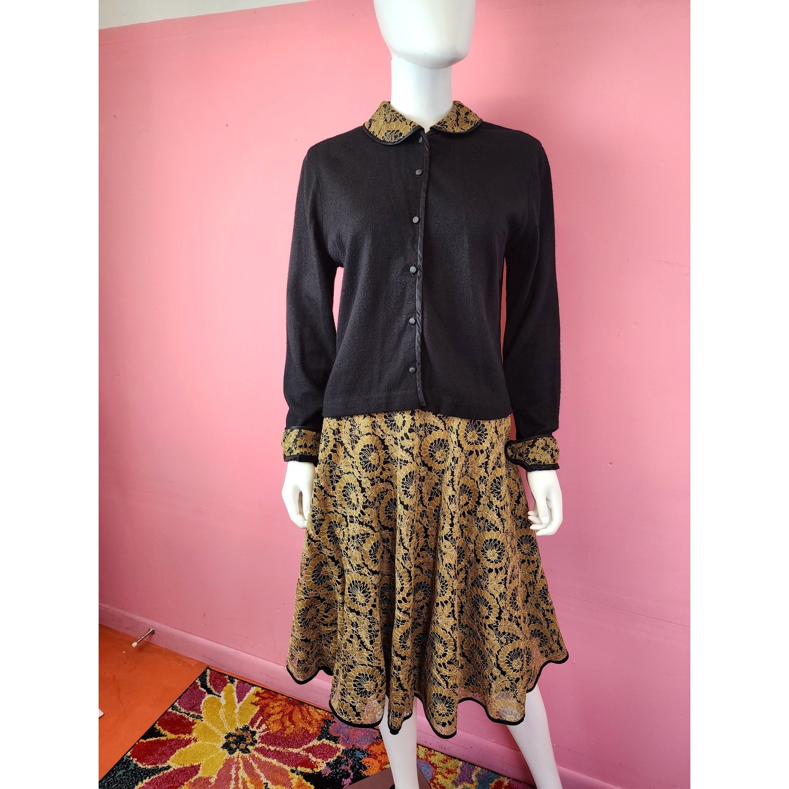 Vintage 1950’s Black and Gold Lace Cardigan and Skirt Set by Jantzen / Koret