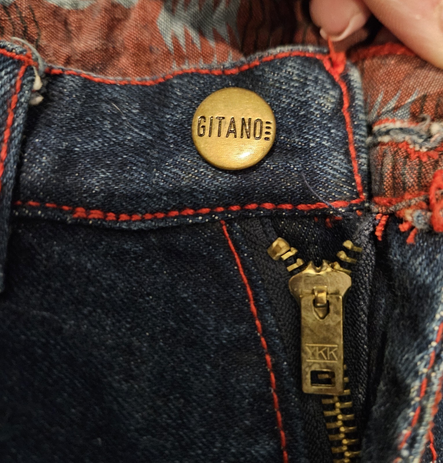 80s VTG Gitano Womens Blue Denim Red Stitching Tribal Accent Cuffs/Pockets Y2K