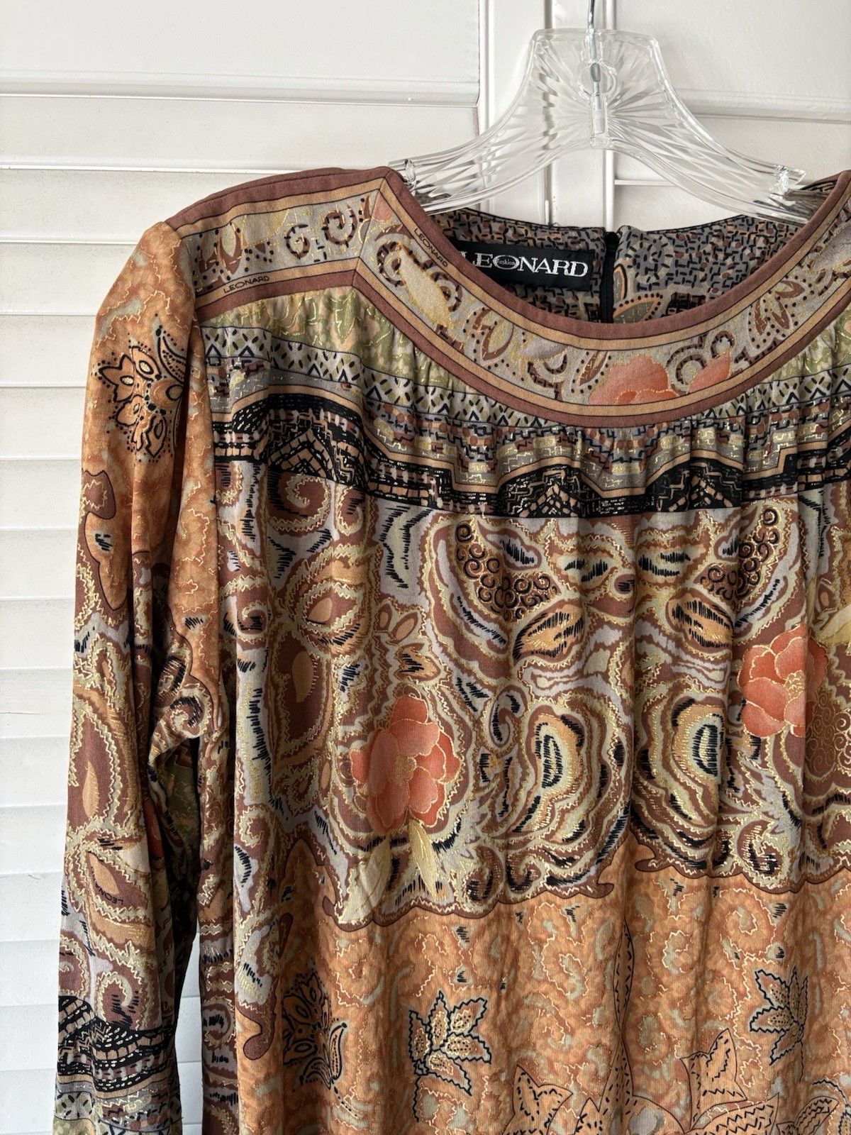 Vintage 70’s LEONARD Paris Silk Jersey Boho Floral Paisley Metallic Dress M-L
