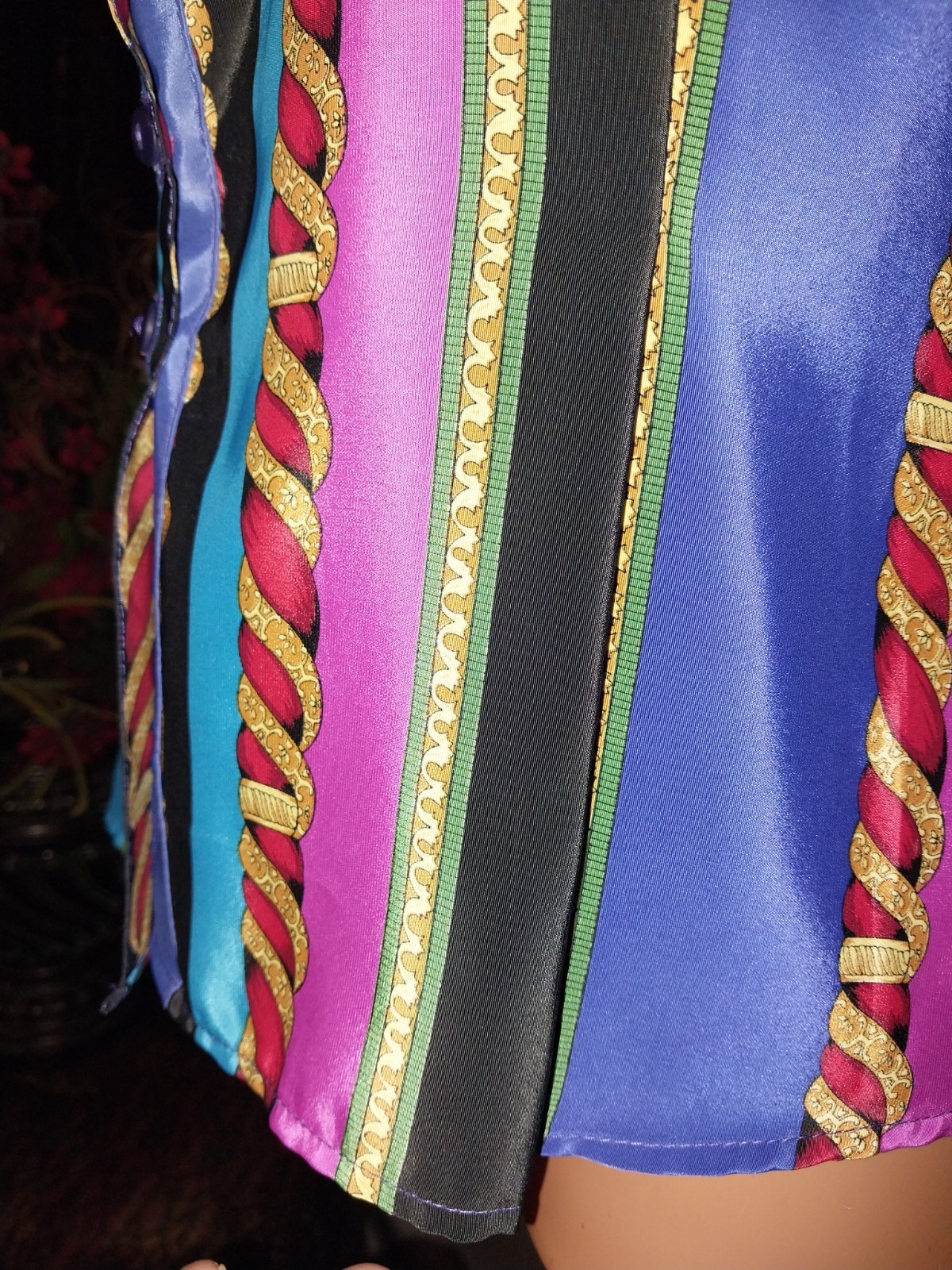 VTG SATIN SHINY VERSACE ESQUE NOTCH COLLAR BLOUSE GOLD ROPES GEO TOP USA 40″ NOS