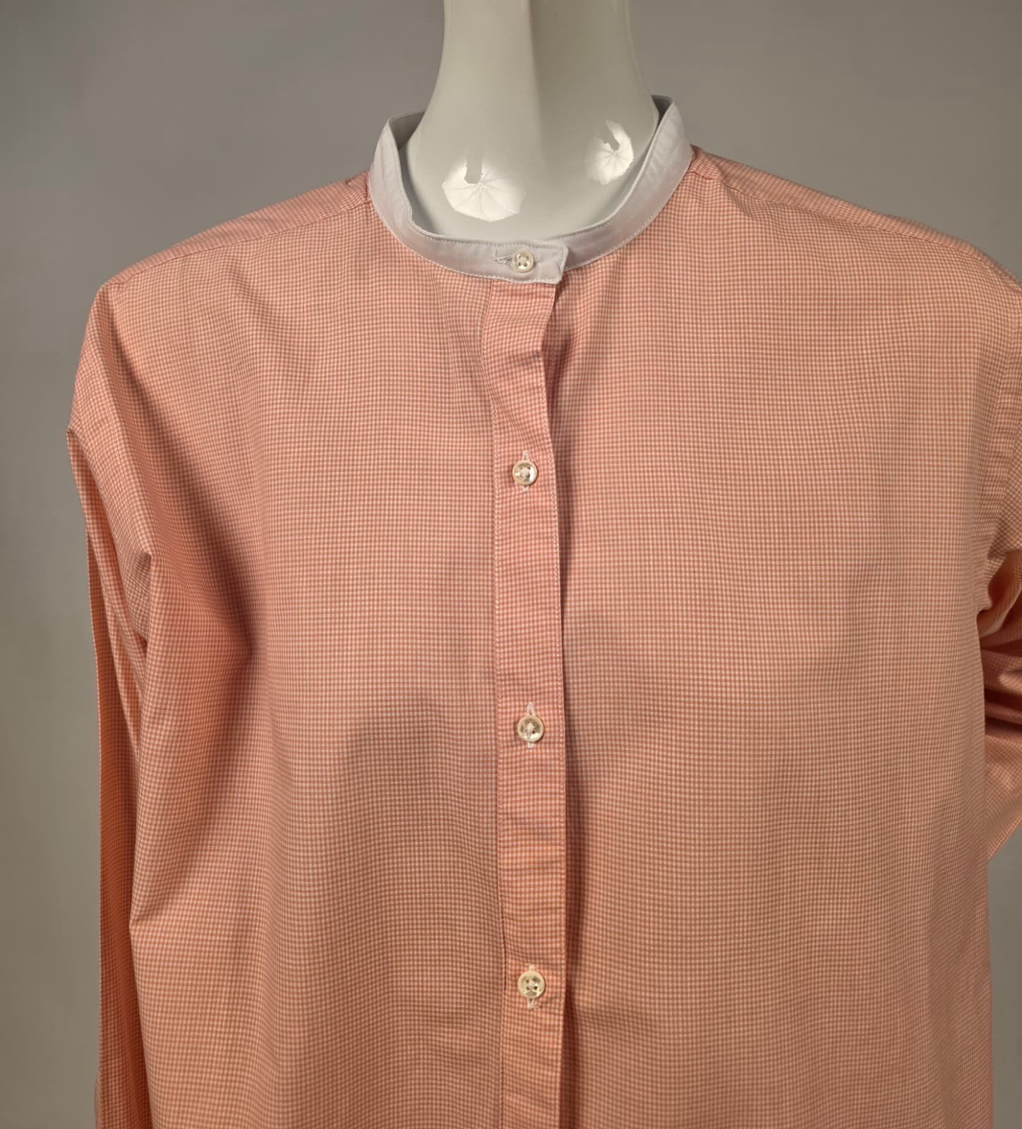 VINTAGE EARLY 1980’S PEACH CHECK COTTON SHIRT W WHITE BAND COLLAR