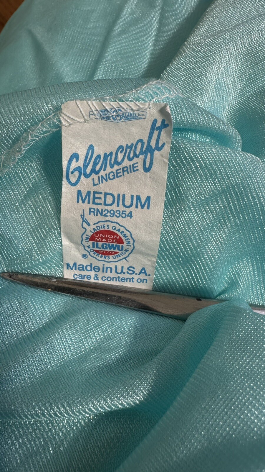 Vintage Glencraft Medium Silky Nylon Nightgown Blue Lace Lingerie Union Made USA
