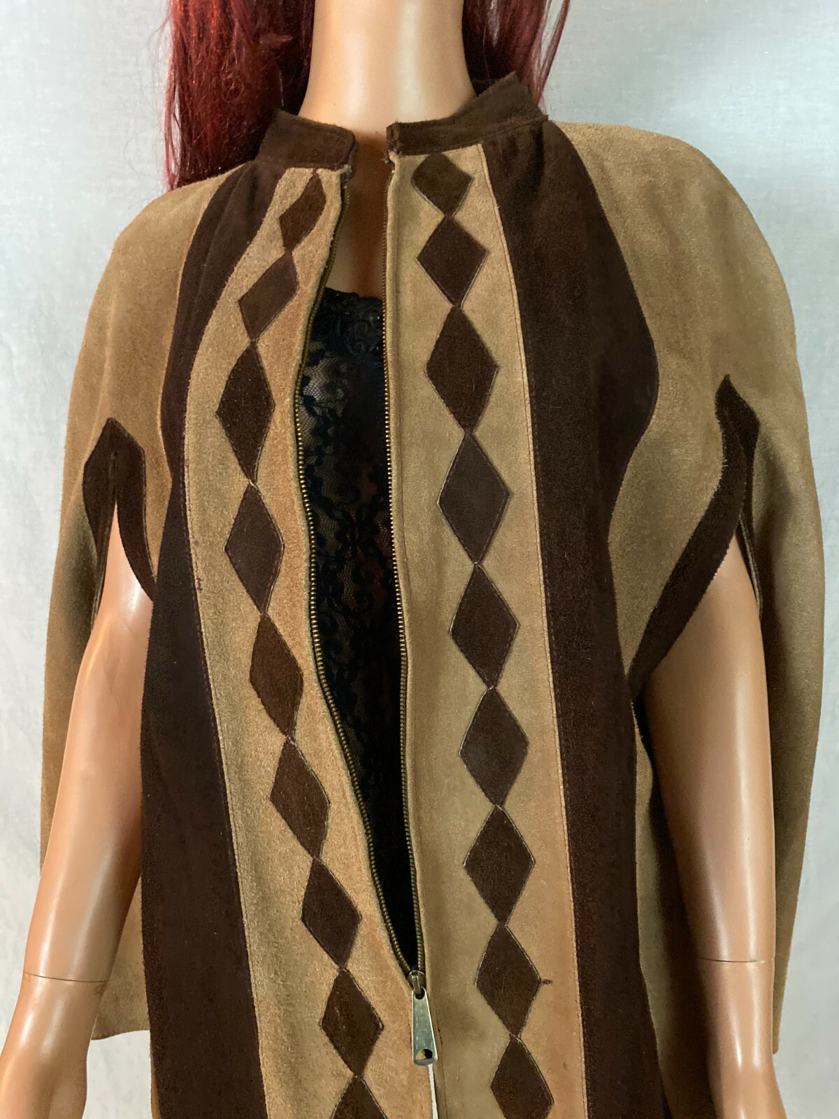 Vtg 60-70s Cape Poncho Coat 2 Tone Brown Diamond Art Love Zip Birds Back Hippy S