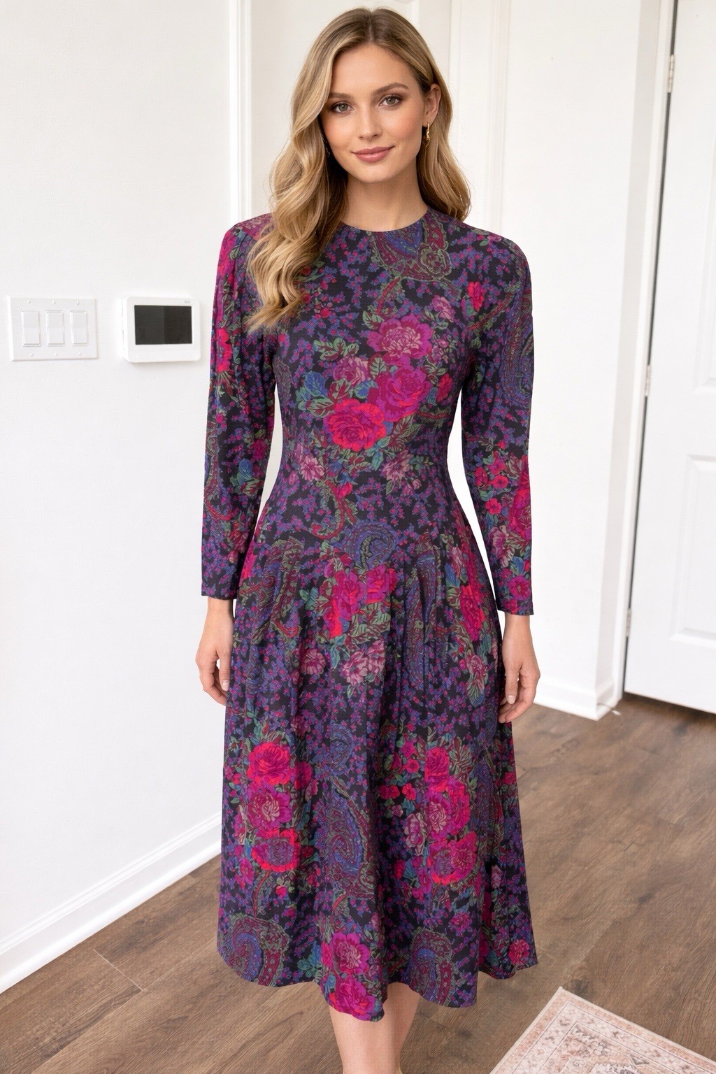 Expo VTG 80’s 90’s Botanical Floral Navy Blue Pink Women’s Dress Size 4