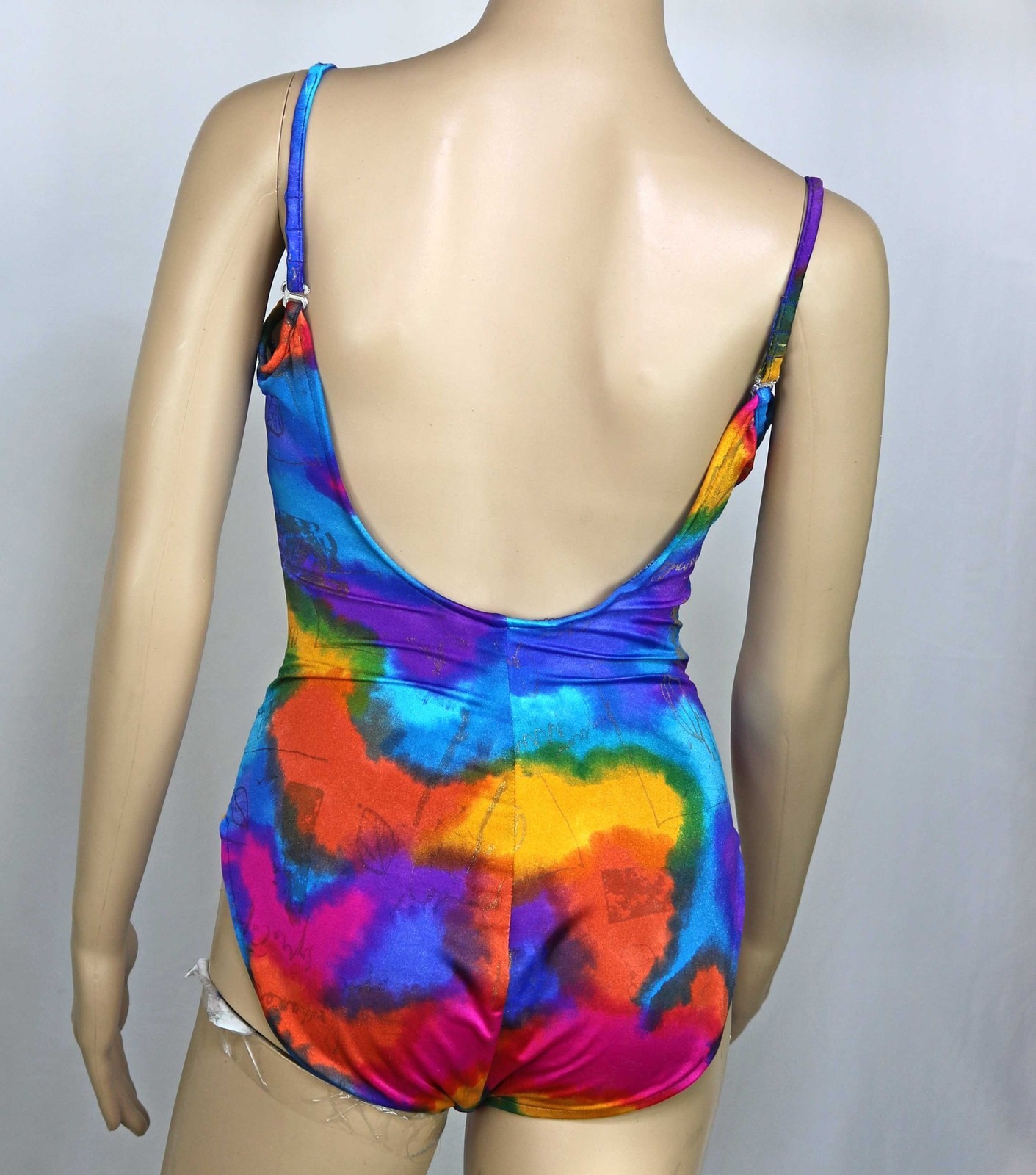1990s Y2K Vintage Slimsuit Swimsuit with Bra Rainbow Print Metallic Gold 10