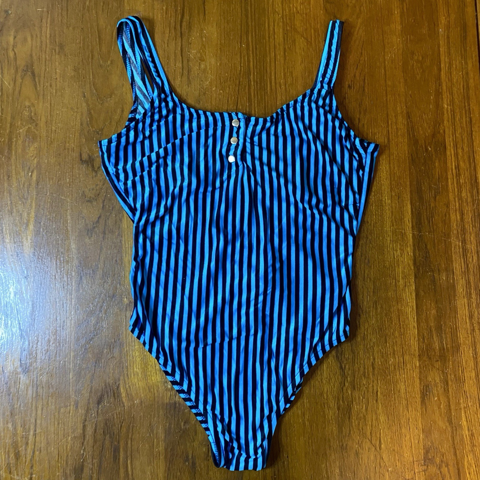 Vintage Avon Fashions Swimsuit Sz 15/16 High Cut 90s Aqua Black Striped