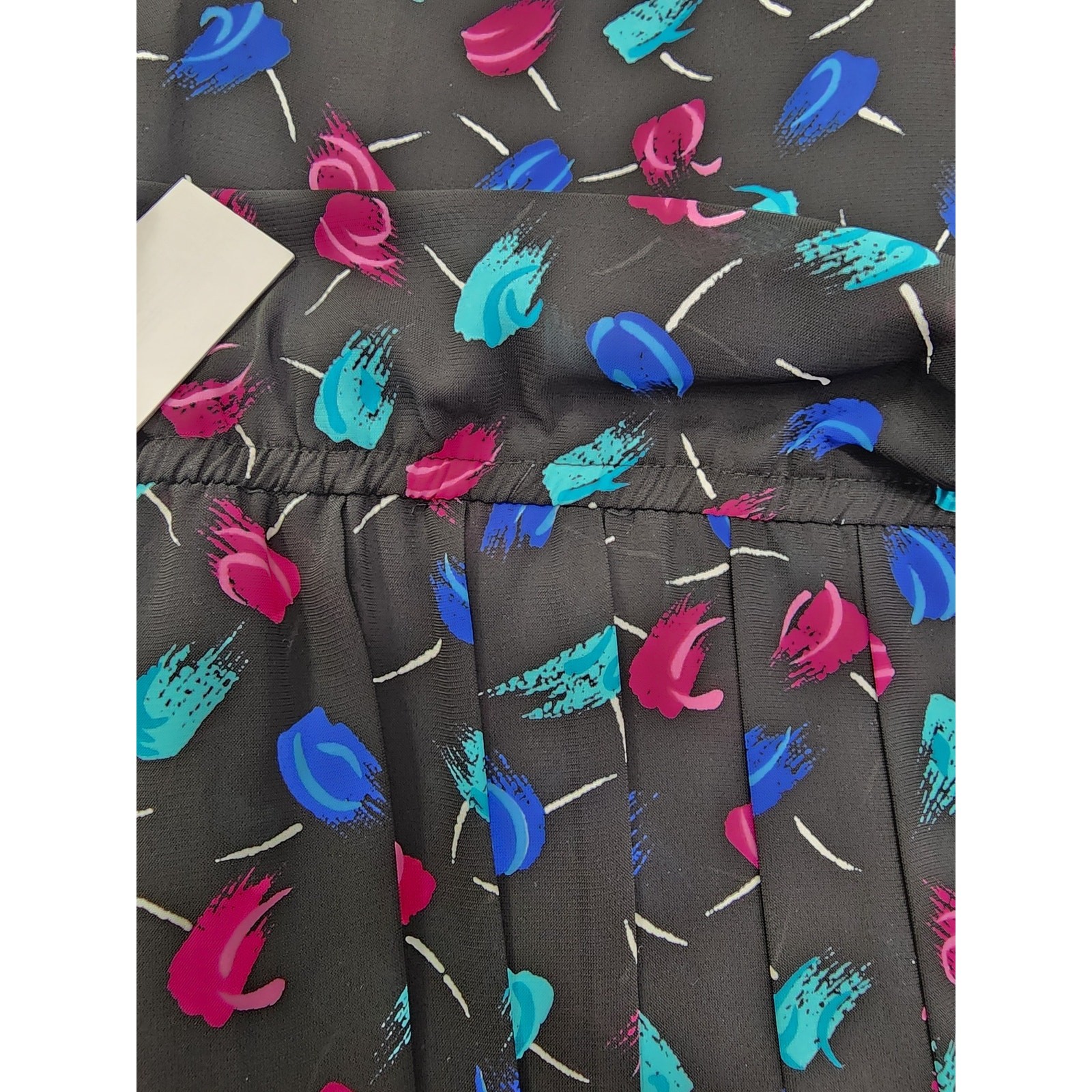 Vintage 80s JB Too Abstract Floral Blouson Pleated Day Dress Size 8 Black Pink