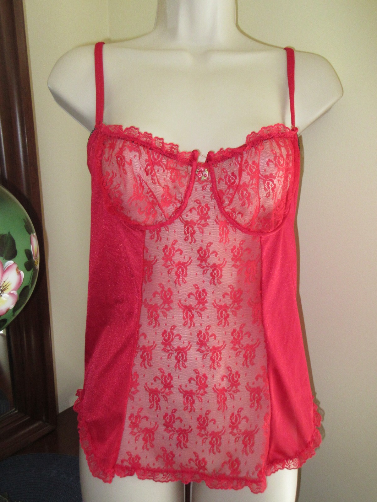 NAN FLOWER 1980′ s RED MEGA lace 2 pc camisole PANTIES lingerie teddy sz L USA