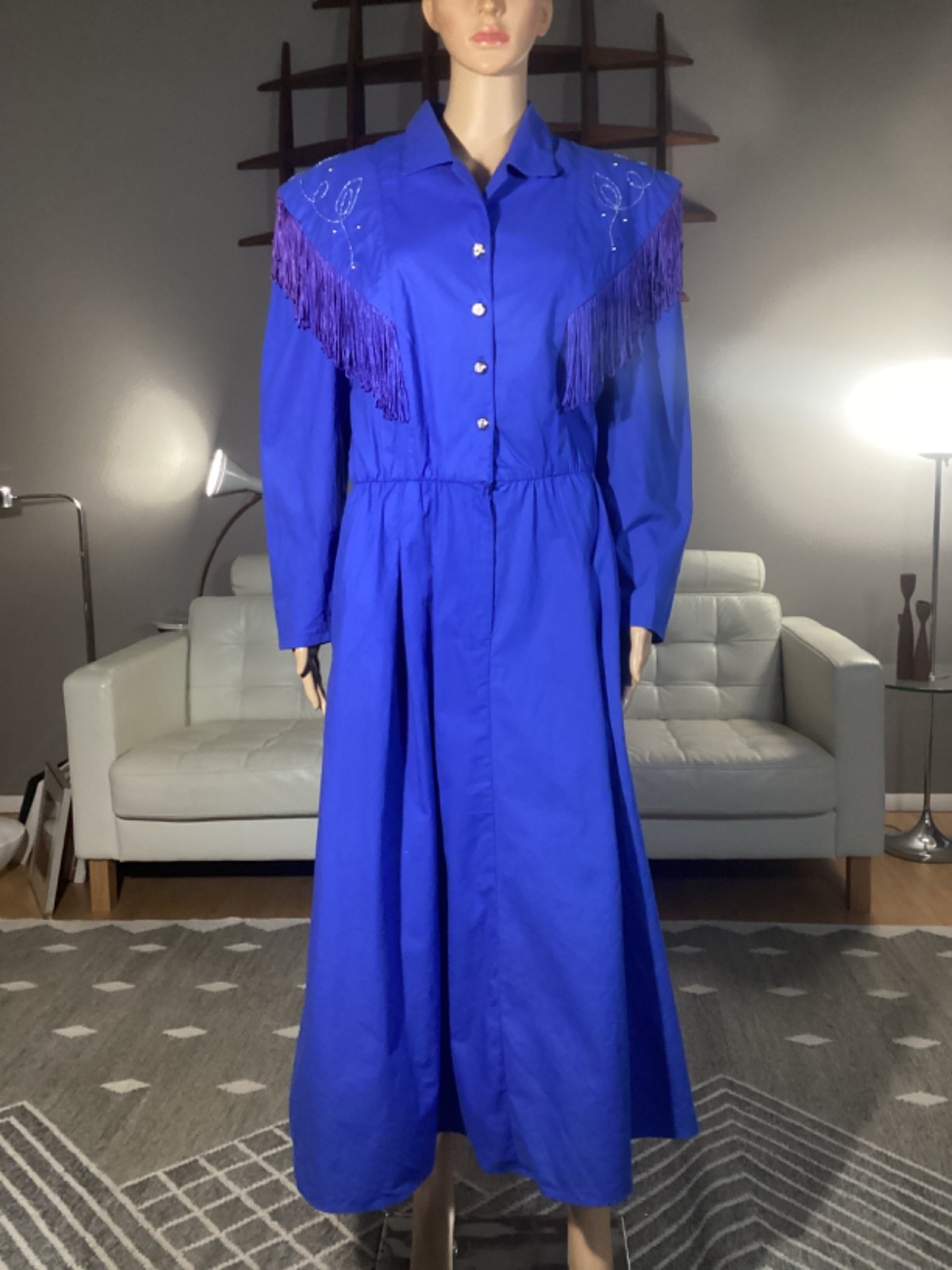 Vintage Lilia Smitty Women’s Western Cowgirl Blue Fringe Studded Applique Dress