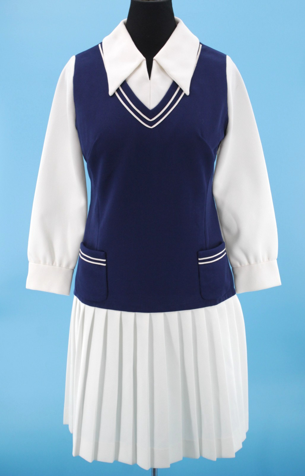 VTG Women’s 60s Navy & White Drop Waist Sweater Vest Look Midi Dress M/L 1960s