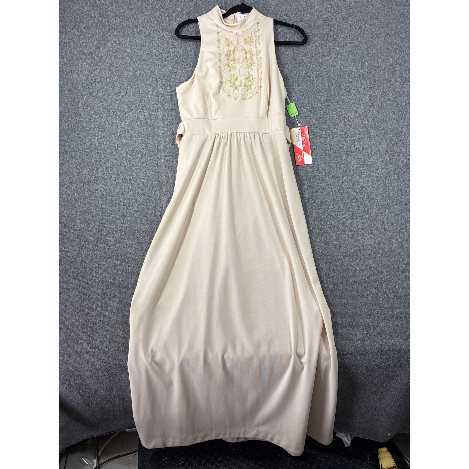 Vintage Patricia Fair Cream Gold Embroidered Mock Neck Maxi Dress NWT Size 13
