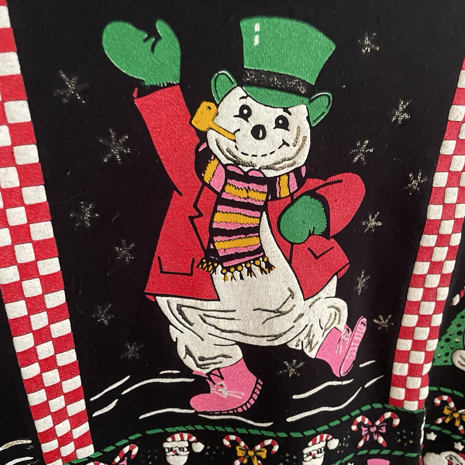 Vtg 80s L Black Christmas Holiday Puffy Paint- Sky Lite Fashion Snowman