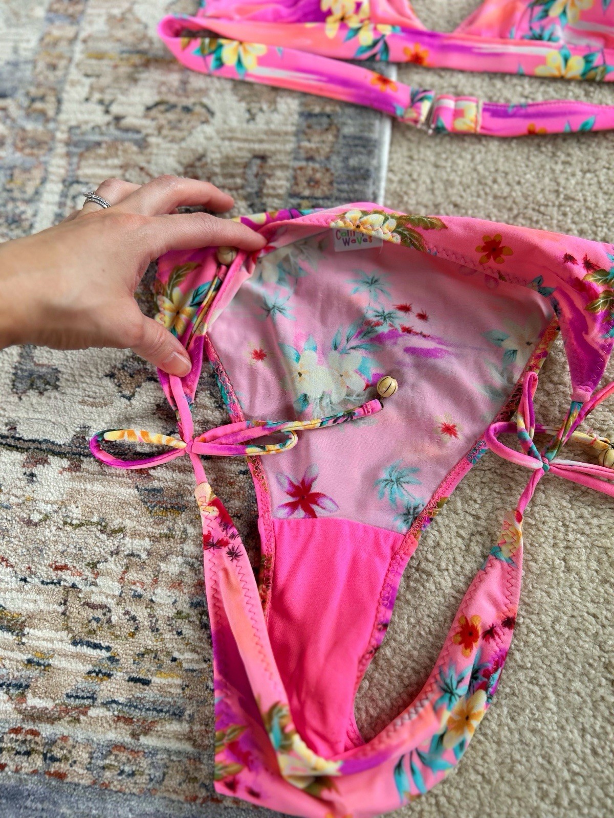 VTG Y2K California Waves Hot Pink Orange Neon Floral bikini 2pc set M Low Rise