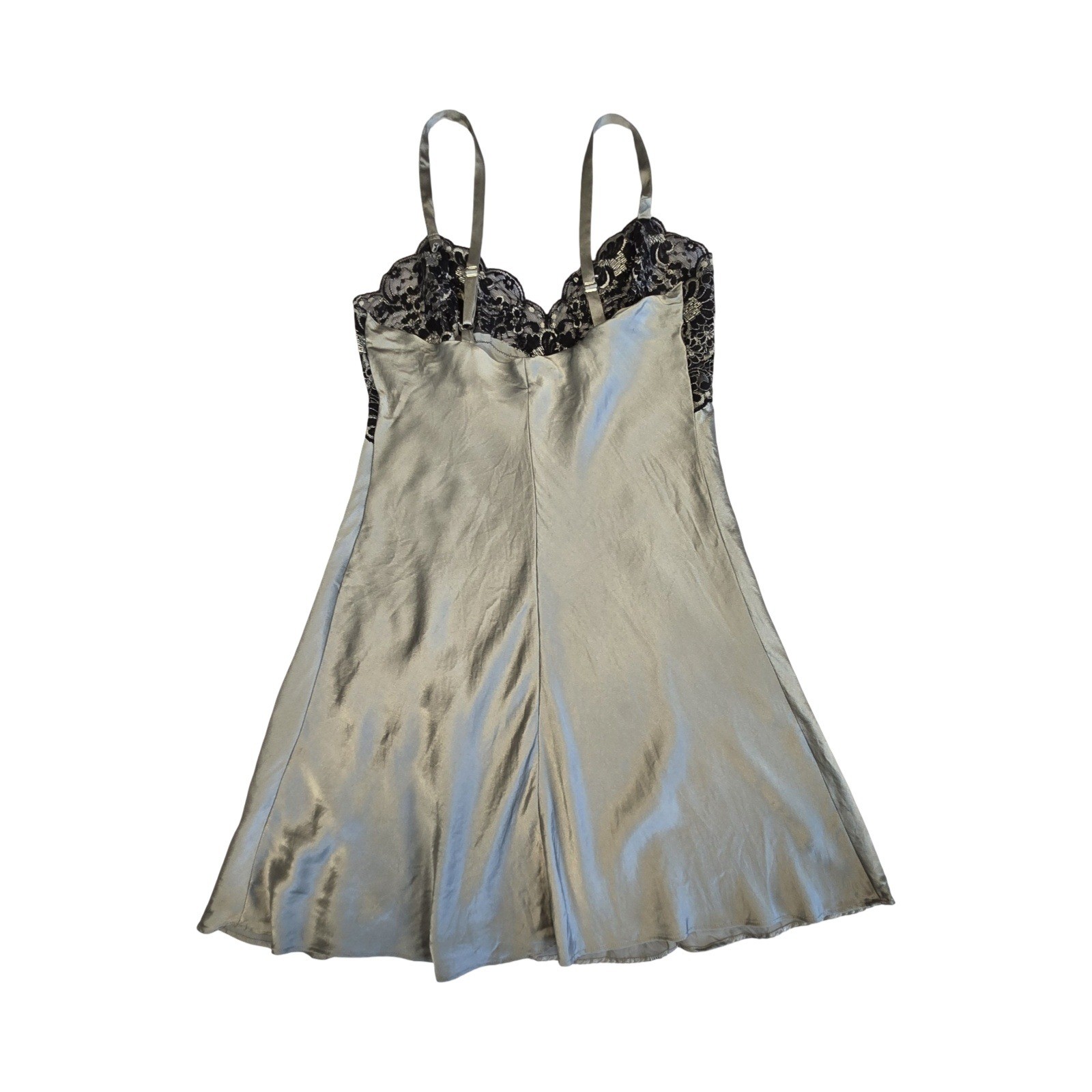 VTG 90s gray silk black lace Victorias Secret slip dress lingerie / gold label