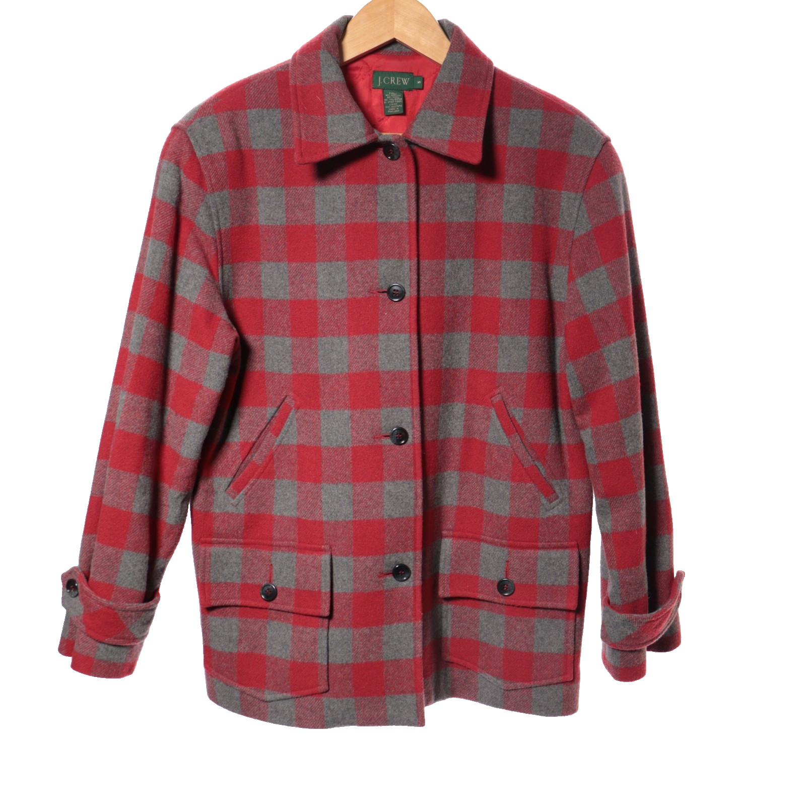 Vtg J Crew Shacket Jacket Car Coat Quilt Lining Red Check Chamois Oversized Sz S