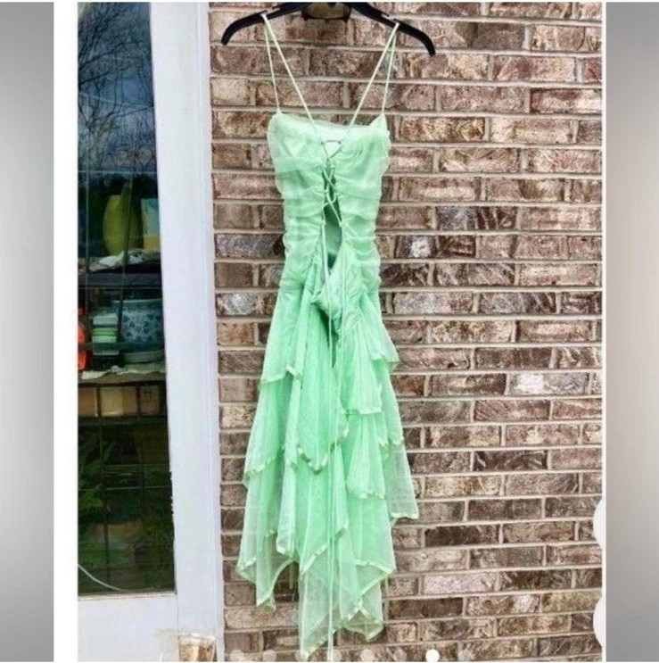 Vintage 90s Mint Green Tinkerbell Ruffle Mesh Midi Formal Fairycore Dress