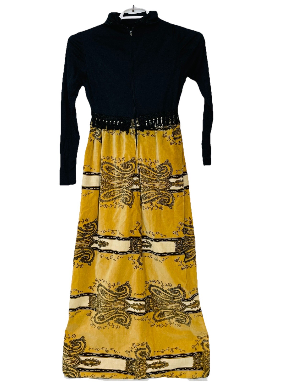 Marsal Park Ave Maxi Black Tan 70’s Paisley velvet Tassels Classic/boho Vtg Rare