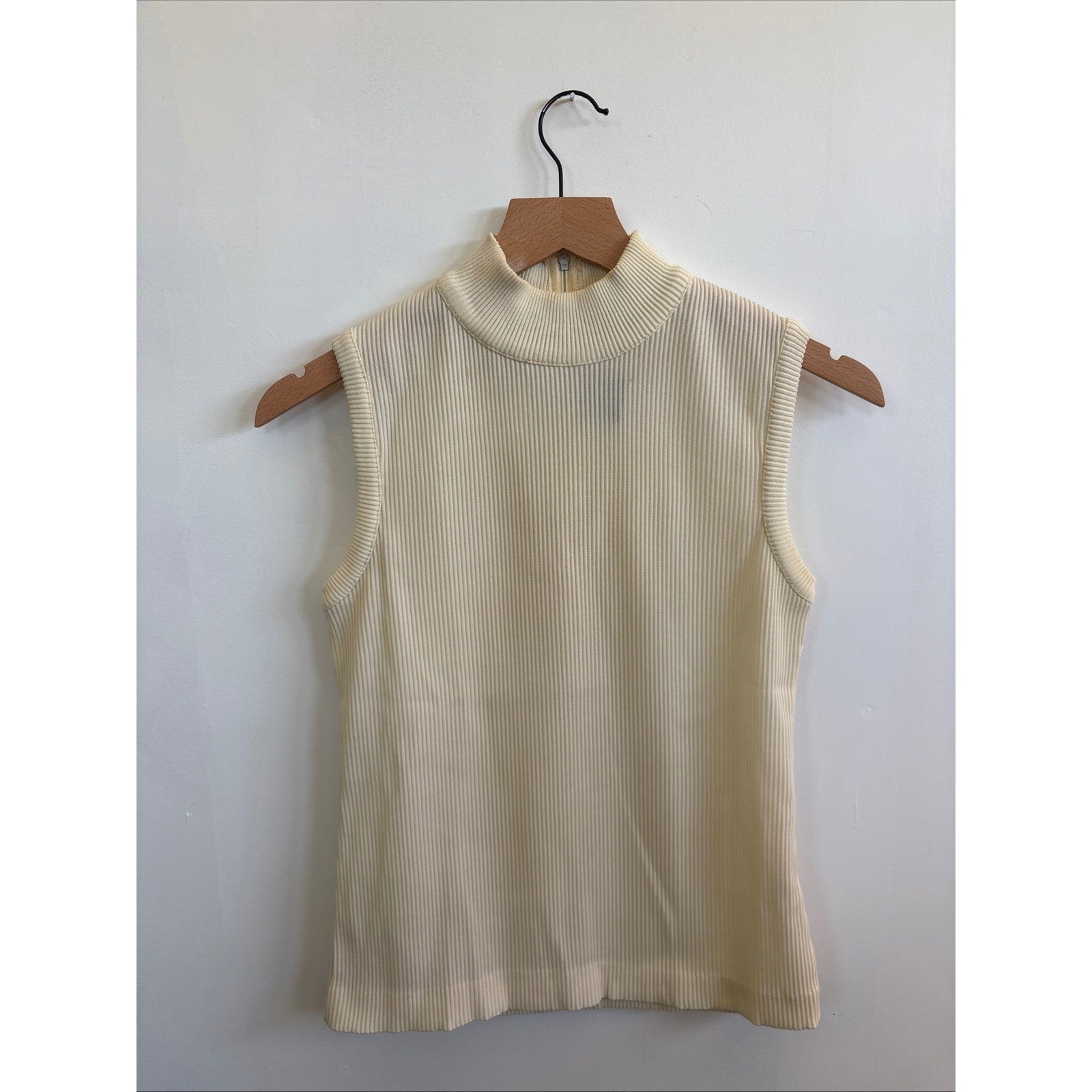 Vintage Stage 7 Ivory Ribbed Mock Neck Sleeveless Knit Top Zip Back Cream Sz 8