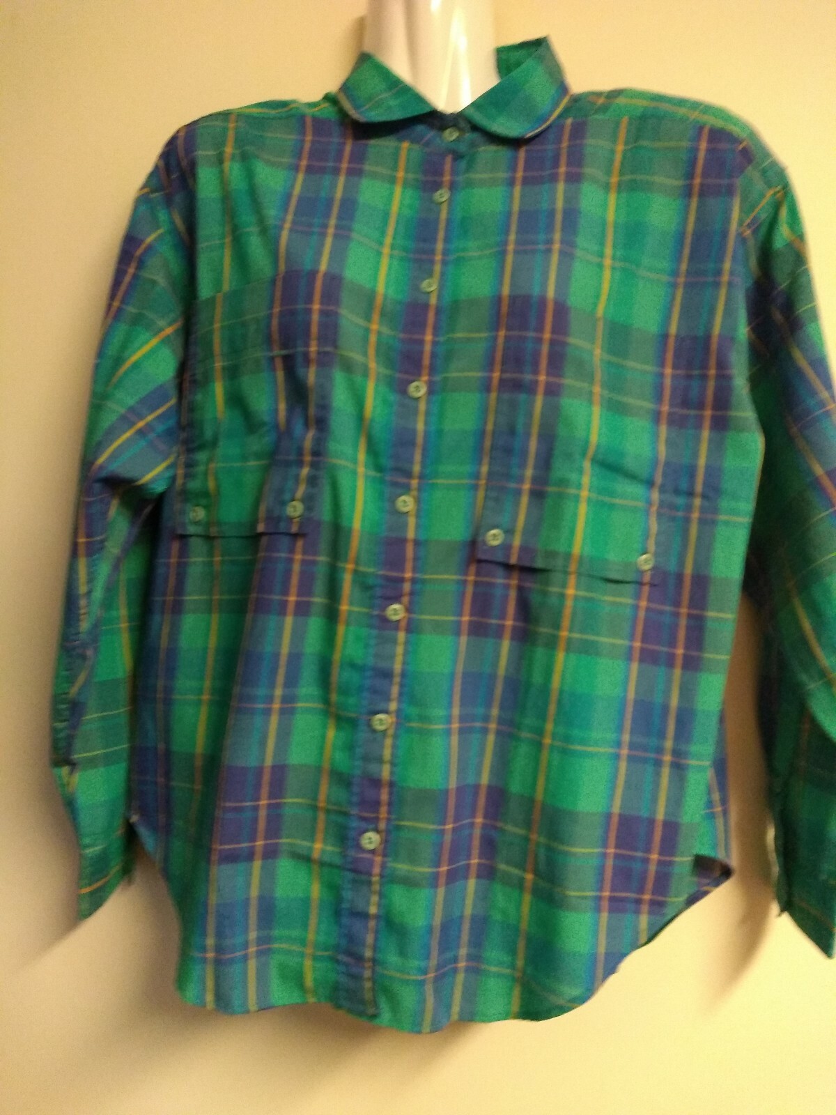 Vintage 80s Womens Sportfolio Green and Blue Plaid Button Down Shirt Size L