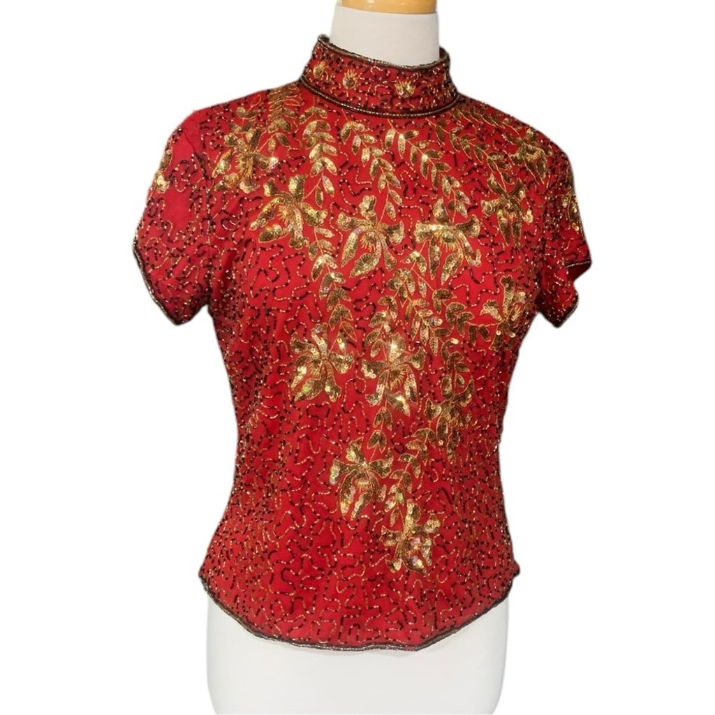Vntg 90’s Marina red, gold and black beaded high neck short sleeved top sz small