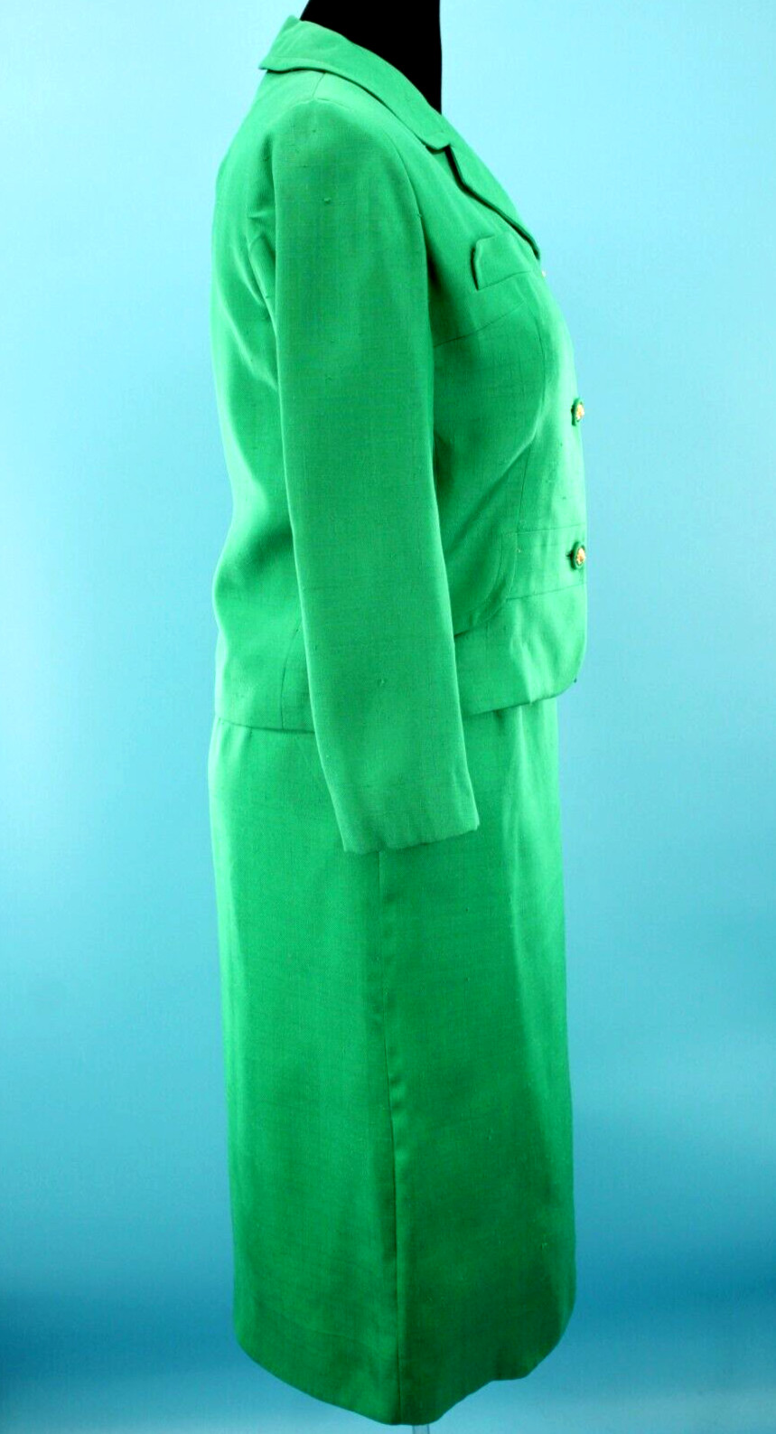 VTG Women’s 60s 2 Pc Kelly Green Dress Suit Set W/ Lion Head Buttons M/L 1960s