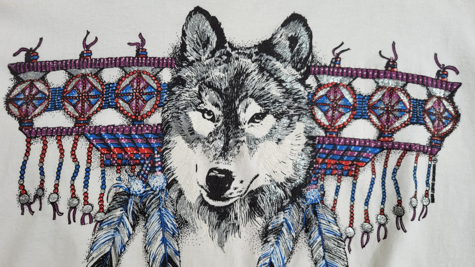 Vtg 80’s Native American Wolf Glitter Feather Alaska Fringe T Shirt – Sz M/L *B6