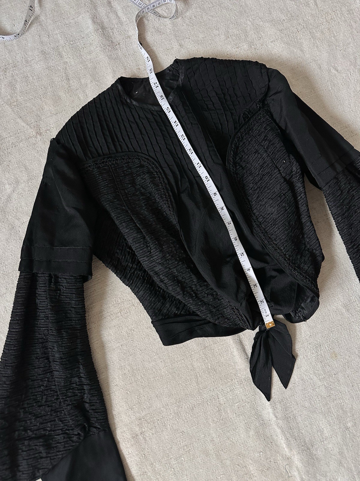 1870s Antique Blouse Jacket Black Silk Mourning Puff Sleeve Corset Top Womens XS