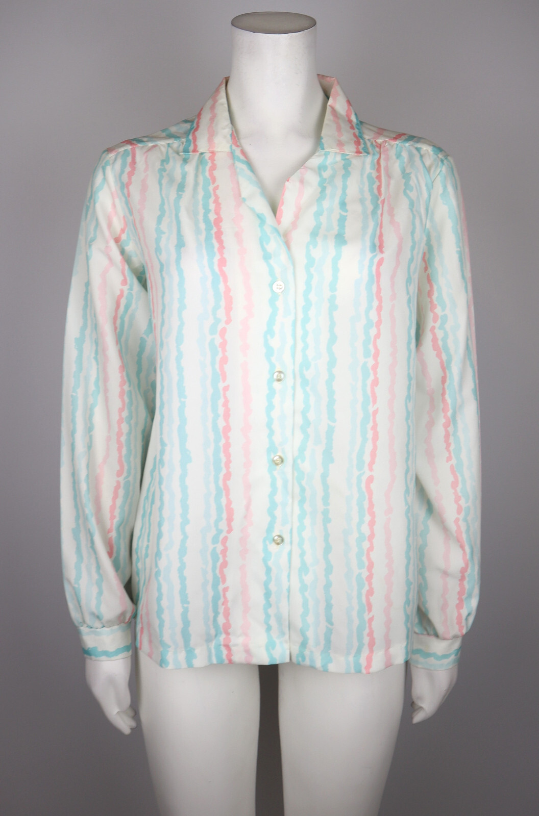 VINTAGE WOMEN’S WHITE BLUE PINK PRINT LONG SLEEVE BLOUSE – ALICIA – SIZE 10