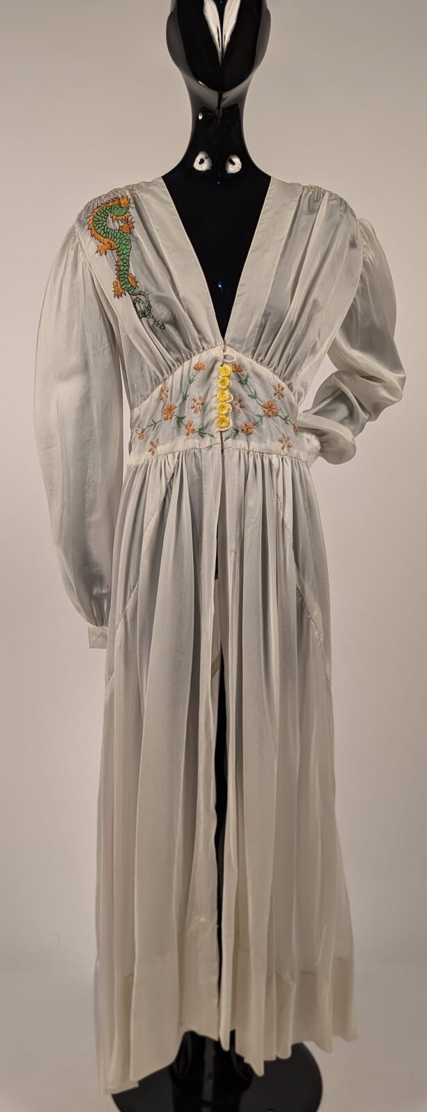 VINTAGE WW 2 WHITE PARACHUTE DRESS W DRAGON + FLORAL EMBROIDERY