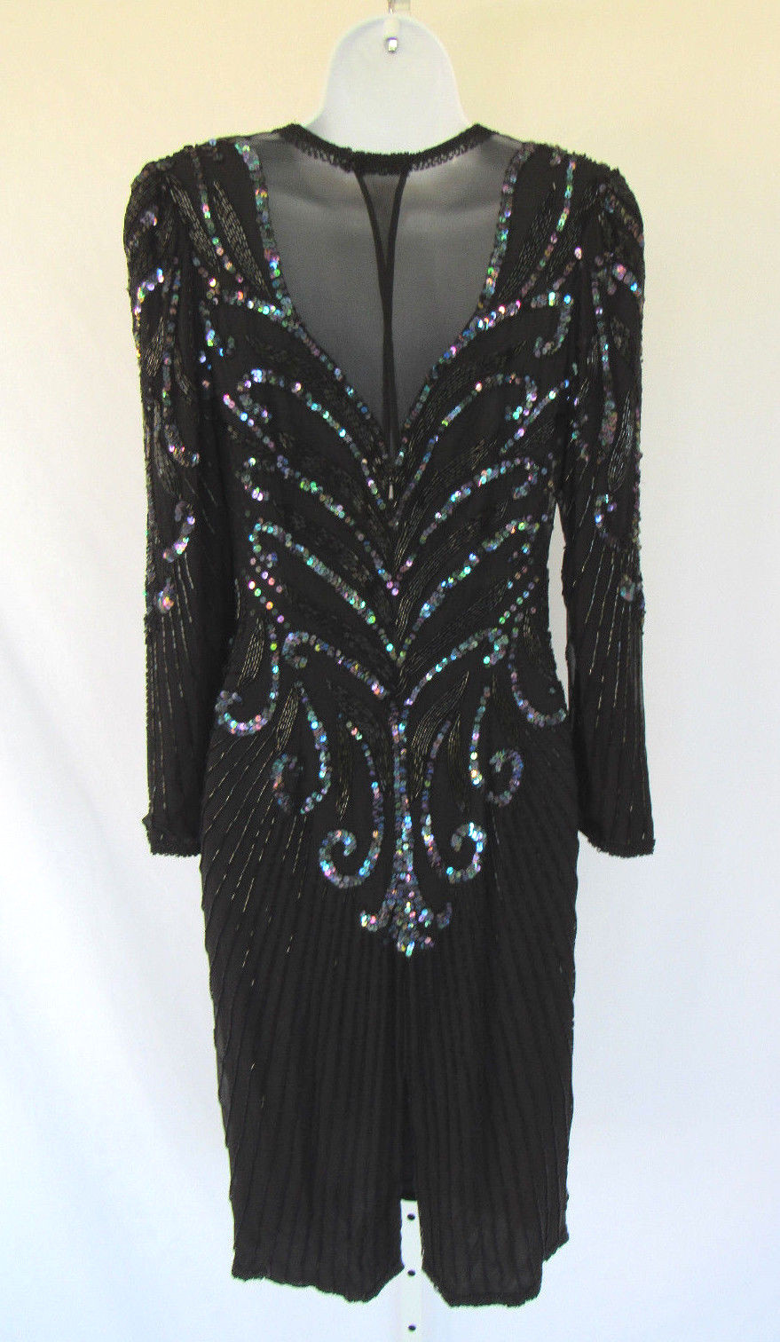 VTG A.J. BARI BLACK SILK SEQUIN BEADED DRESS SIZE 8 RAYON INNER LINING