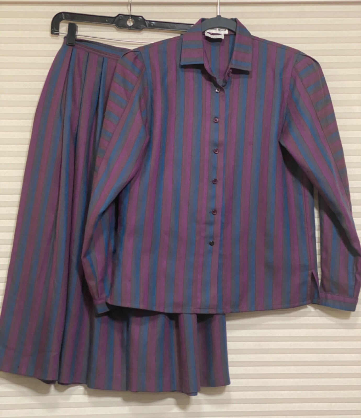 Yukiko Hanai Saks Fifth Avenue VTG Sz 4 Purple Teal Gray Wool 2pc Top Skirt USA