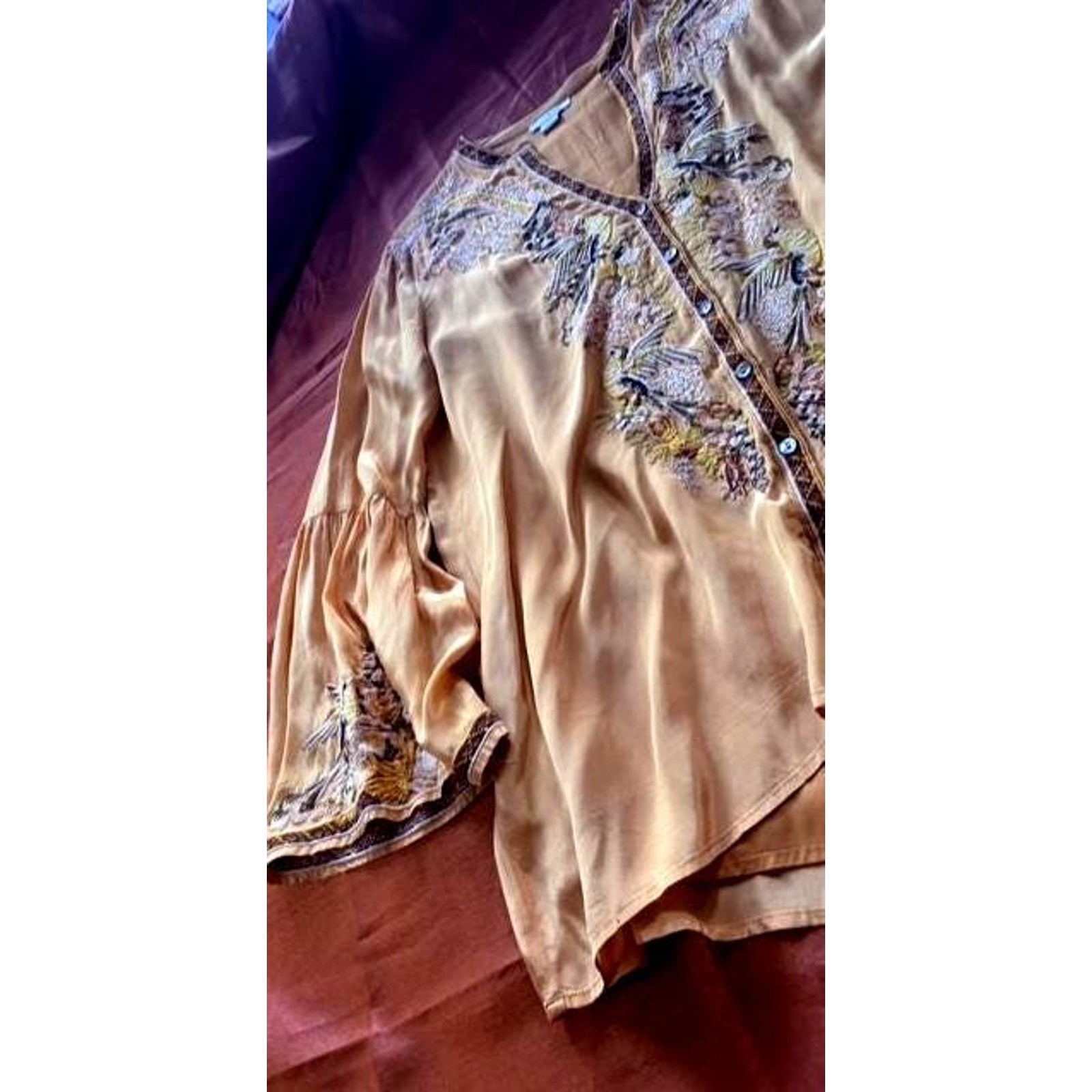 Sundance Embroidered Satin Blouse Medium Gold Champagne Floral Bell Sleeve Boho