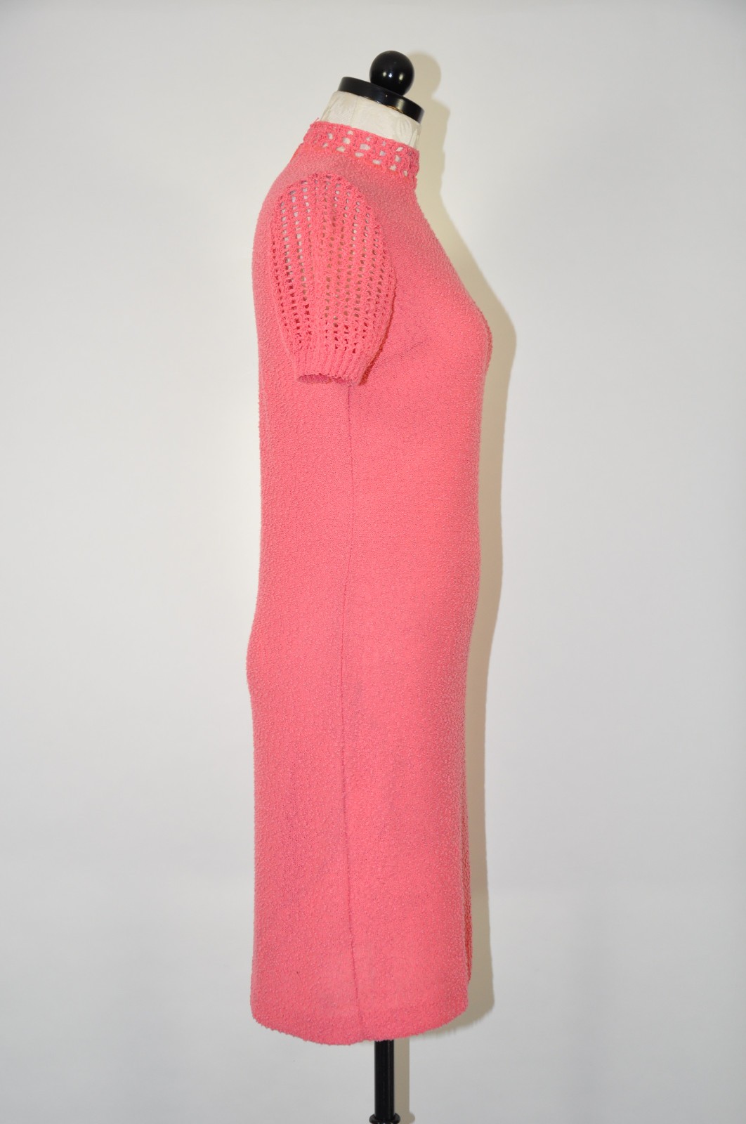 60s Vintage Salmon Pink Cotton Boucle Knit Short Sleeve Sweater Dress Women XS S