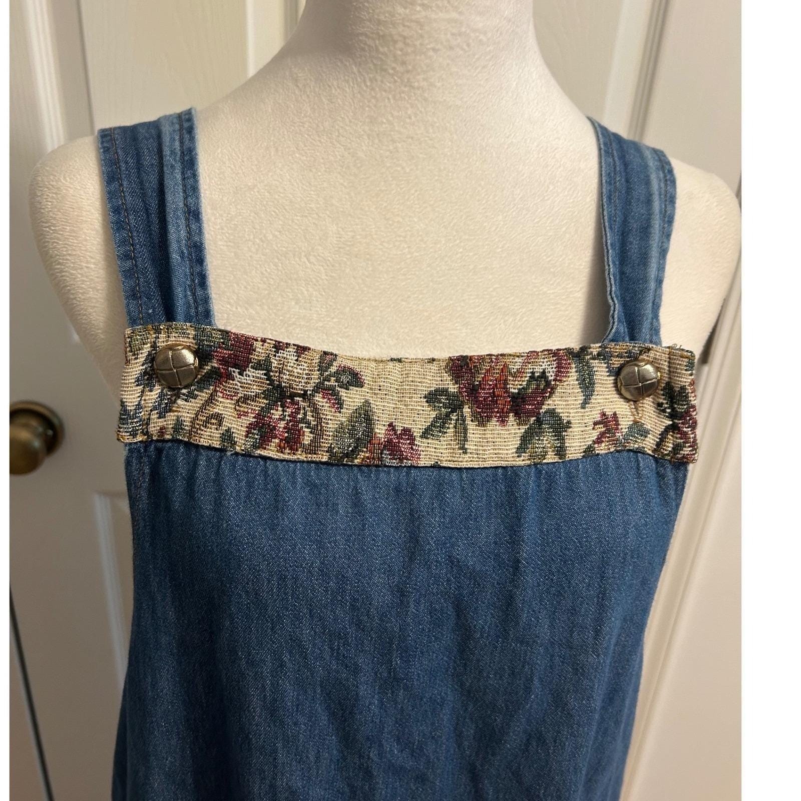 Vintage 90s Denim Jean boho folk bib dress overall 12 USA tapestry midi cotton