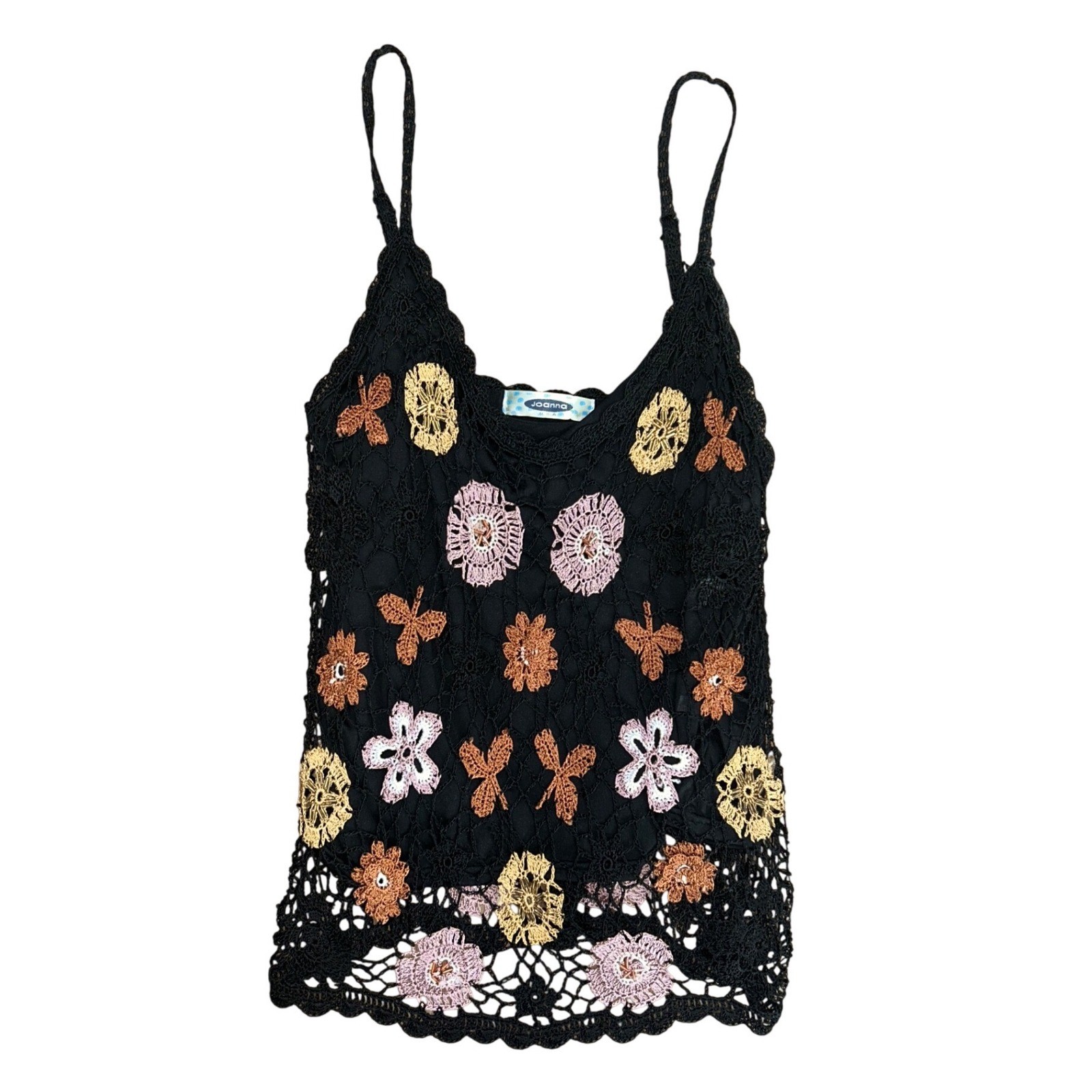 Vintage Black Crochet Floral Butterfly Cami Top Fairy Festival Medium Boho
