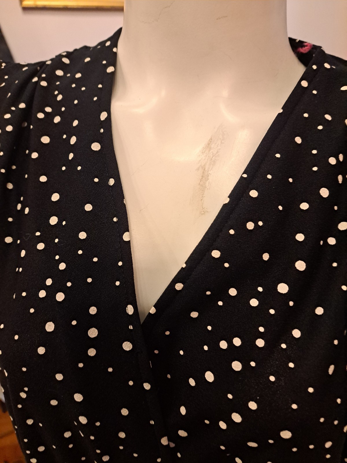 VTG 70s JC Penney Fashions Black & White Polka Dot Below Knee V Neck Dress Sz L