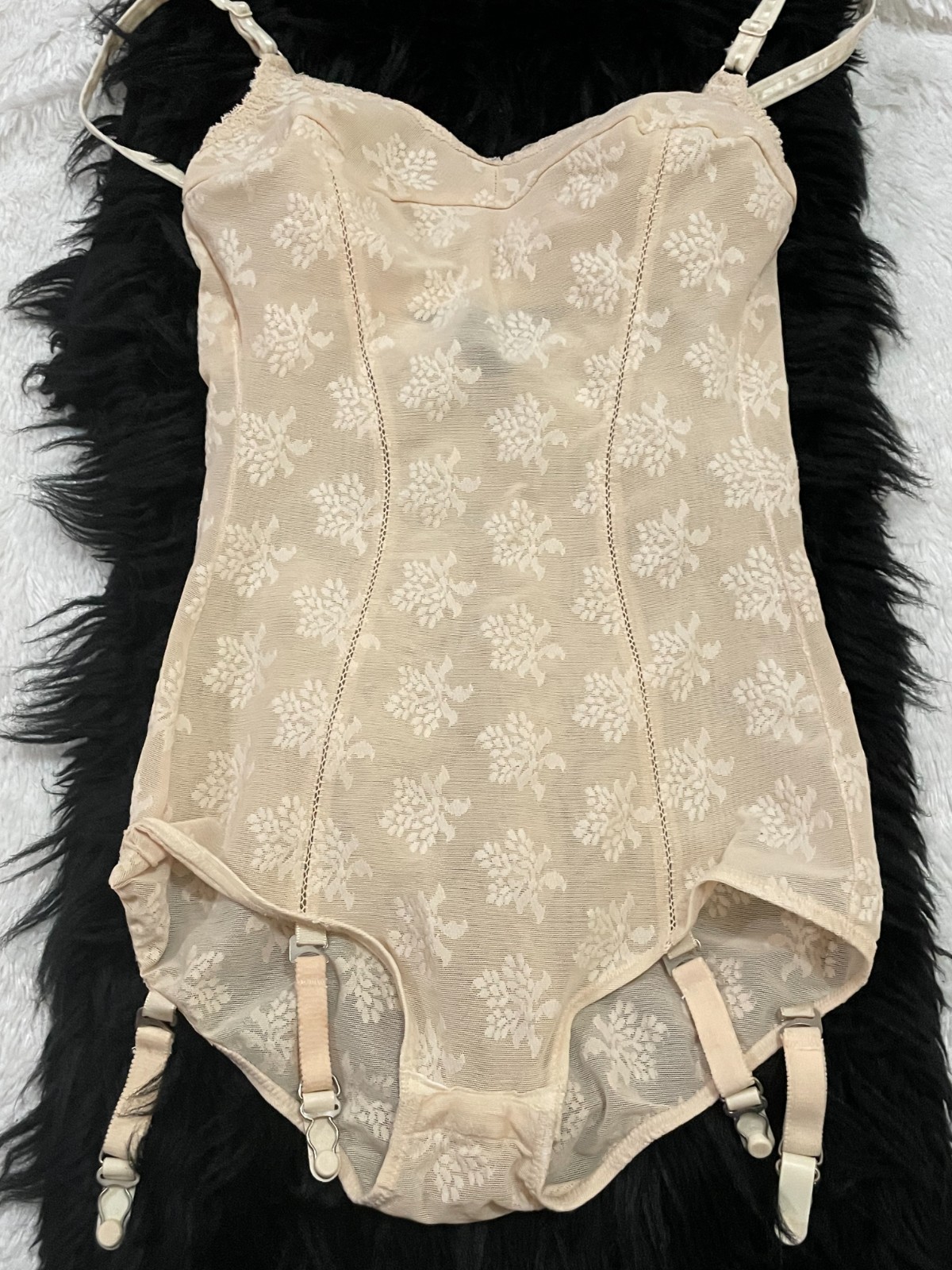 36B Vtg LILY OF FRANCE All in One Girdle Bodysuit Bra Body Shaper Floral RARE