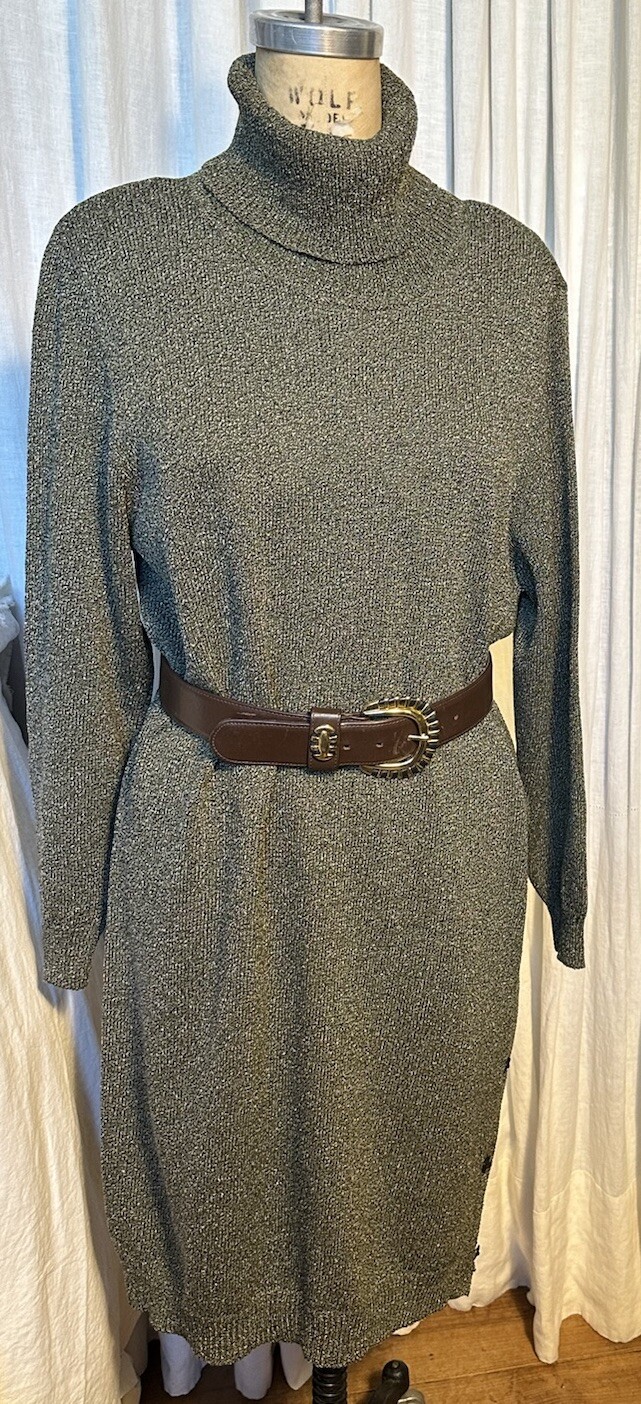 Vintage ANNE PEDERSEN Womens Grey Knee L Sweater Knit Turtle Neck Dress SzM Used