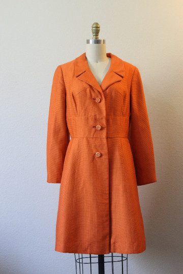 VTG 60s HARRODS – I. MAGNIN of California Orange Silk Fitted Coat Paris