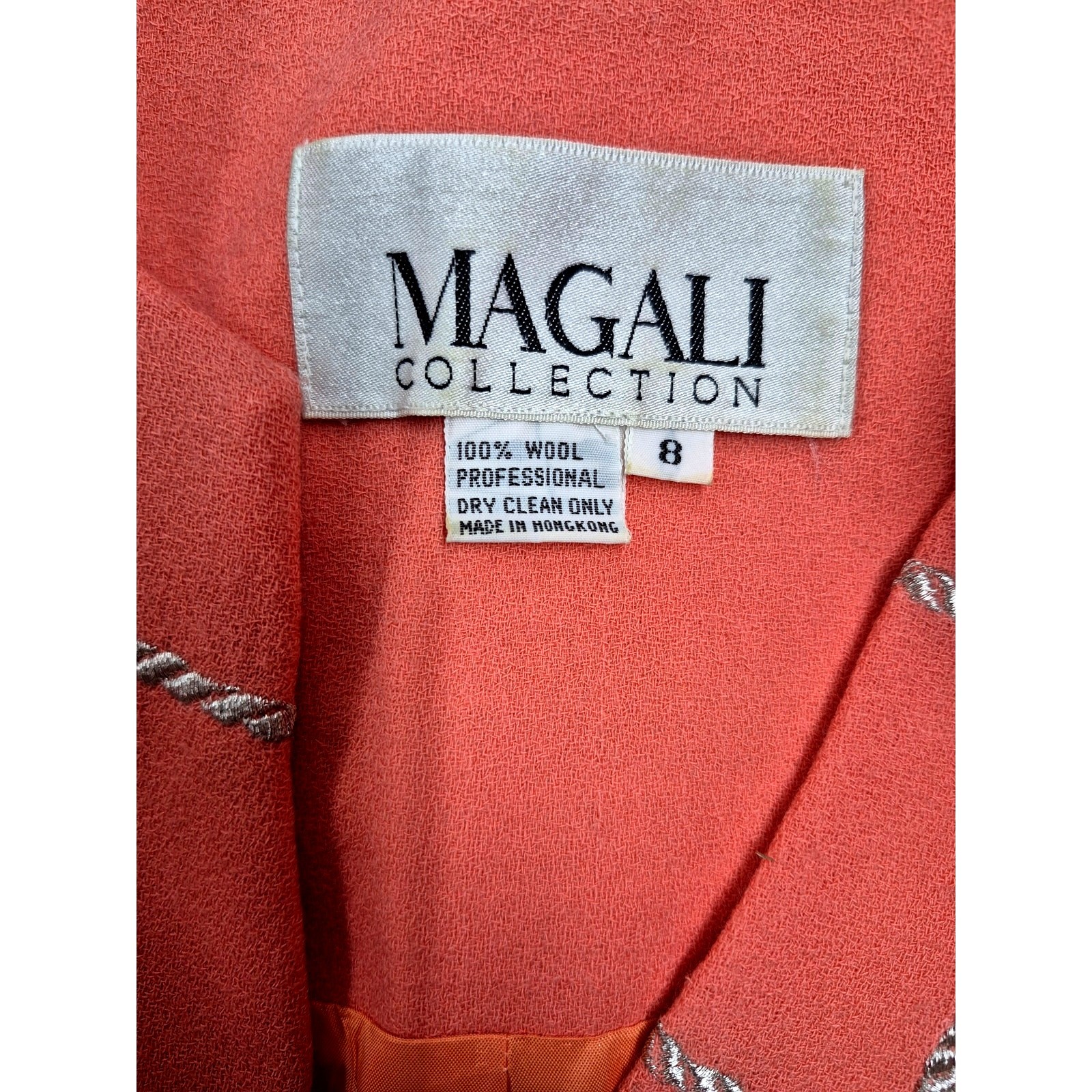 Vtg 80s Magali Skirt Suit Orange Wool Mob Wife Gold Rope Applique Sz 8 M