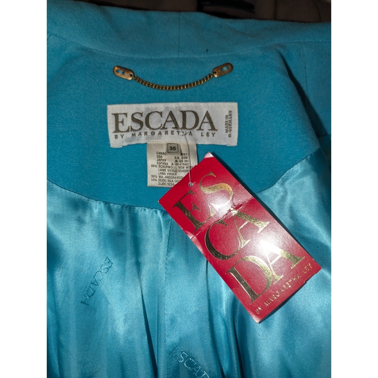 Escada Margaretha Ley Wool Angora Silk Coat Blue Shawl Collar Sz 36 Vintage NWT