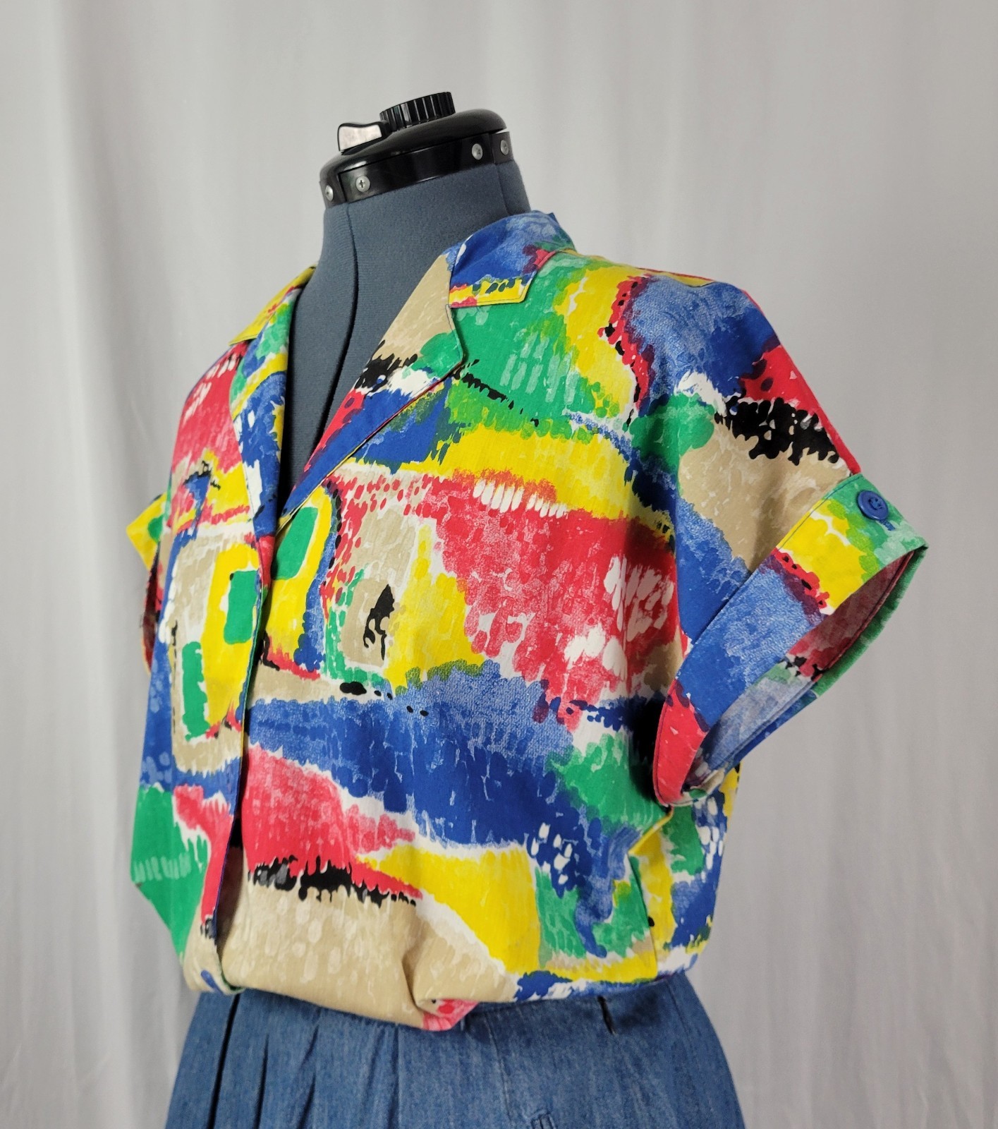Vintage Ecco Bay Red/Yellow/Green/Blue/Tan S/S Button Down Top Size Med
