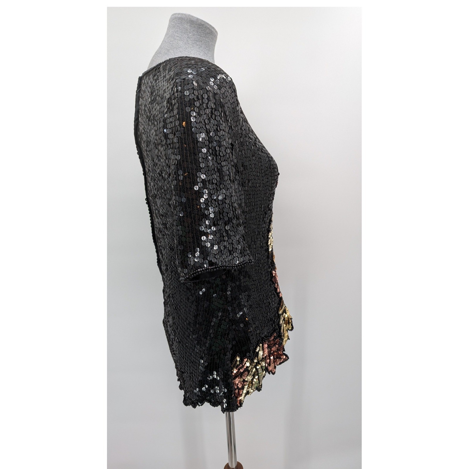Glam Wedding Party Vintage Stemay Black Gold Sequin Floral Silk V-Neck S Top
